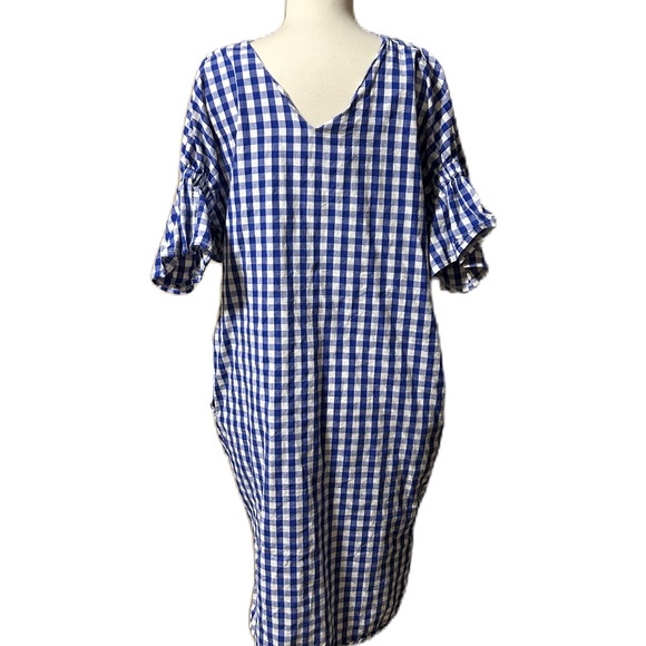 HNN Blue Gingham Cottagecore Girly Pockets Midi Dress Women's  Large 42” Chest - Picture 2 of 5